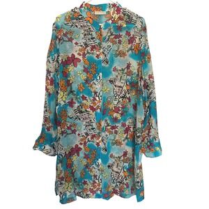 Marsh Landing Women's XL Silk Button Up Tunic Top Blue Floral Travel Art To Wear